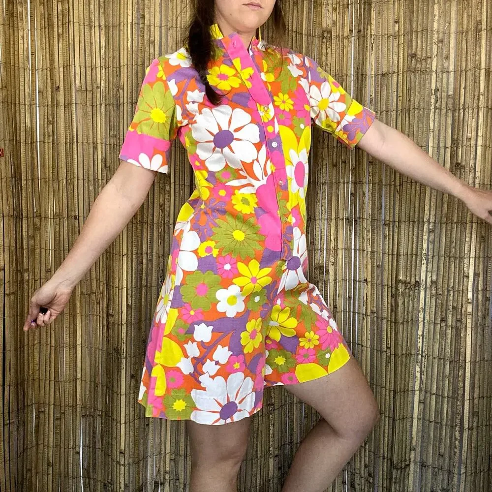 Vintage 1960s Lady Wrangler Floral Canvas Romper Jumpsuit Mod Pink Yellow